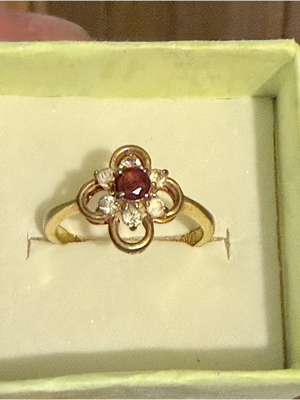 Gold Floral Diamond Ring with Red Ruby Center Stone